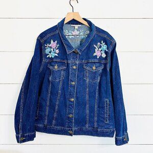 Woman Within Floral Embroidered Boho Denim Jean Jacket, Size 26W Cottagecore